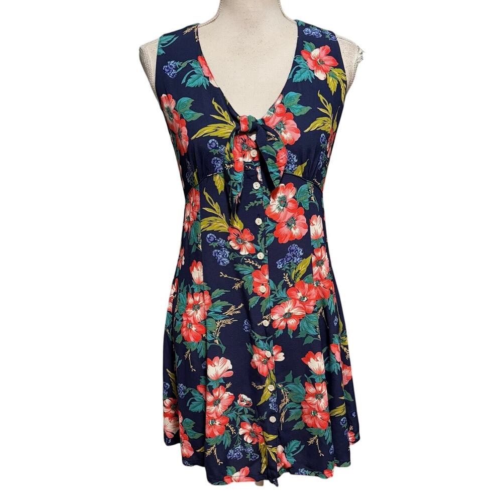 Vintage 90s Gap Floral Mini Dress Tropical Button Tie Front Size XS